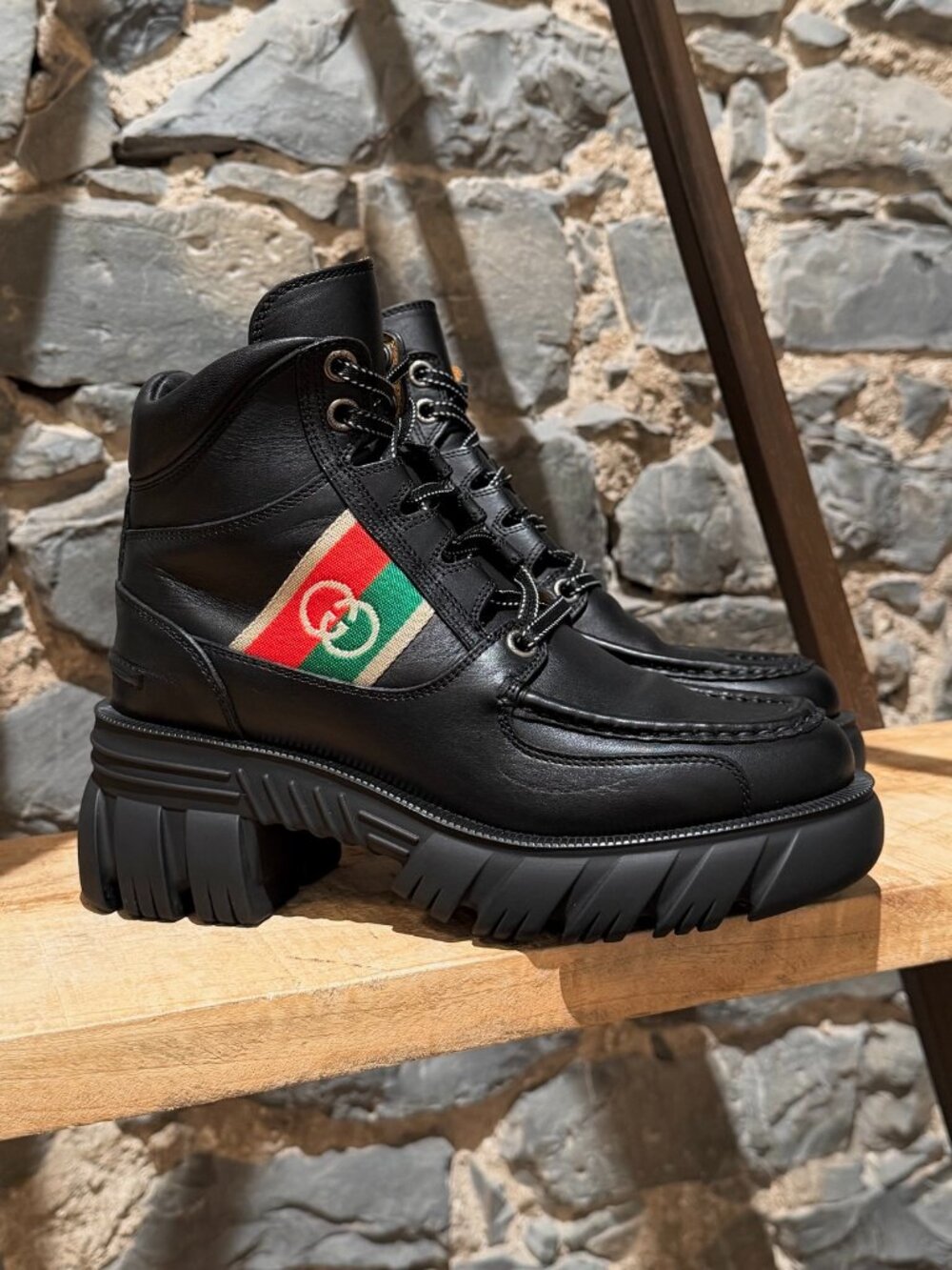 Gucci Black Quebec Calfskin Interlocking GG Combat Boots